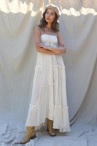 sleeveless maxi dress in natural gauze with smocked bodice