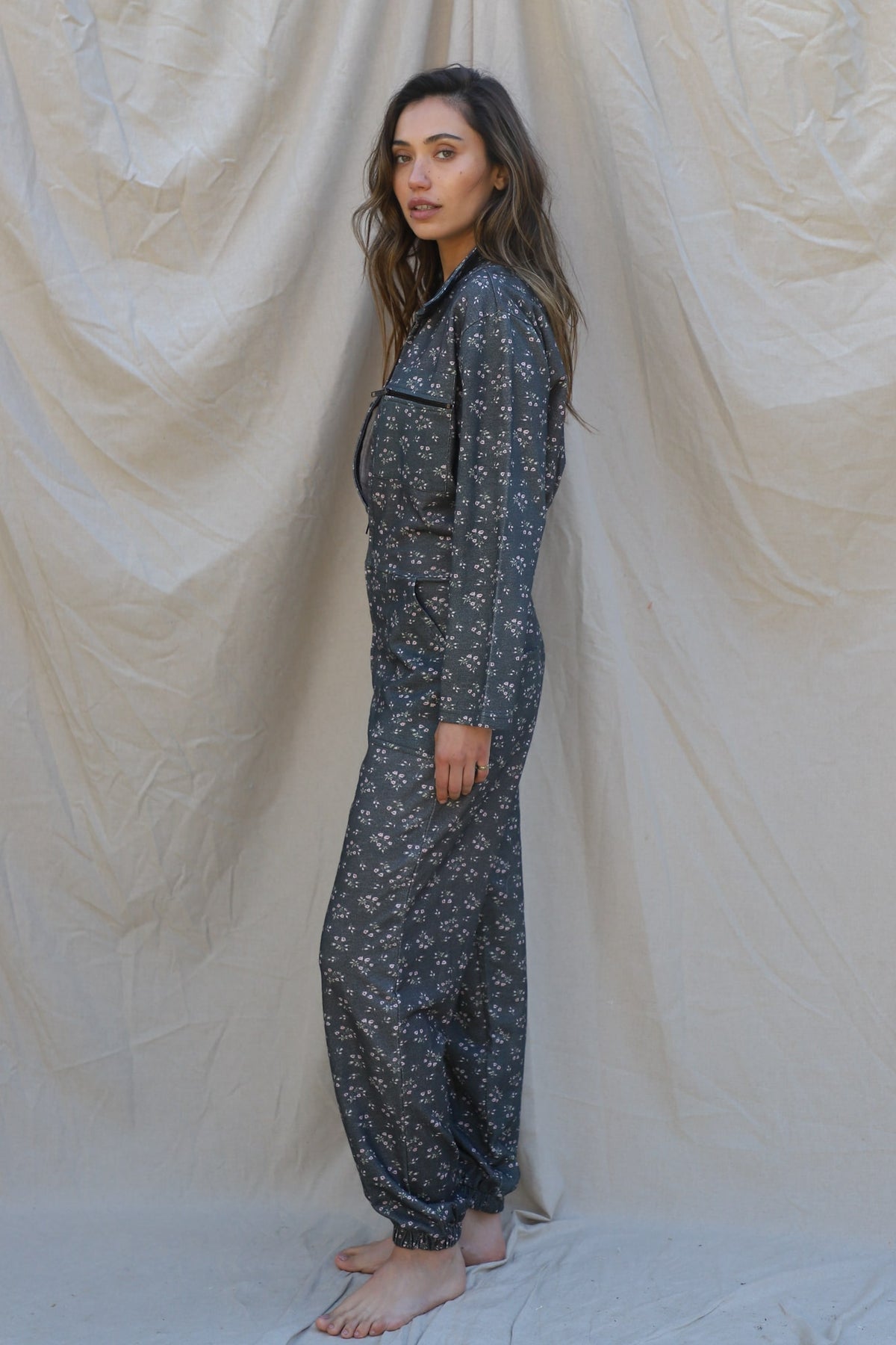 station suit has long sleeve and pants with banded hems