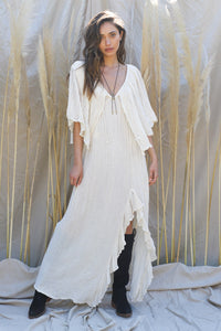 natural gauze ruffle sleeve maxi dress with ruffled slit