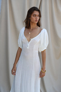 short sleeve white gauze midi dress with 3 buttons at bodice